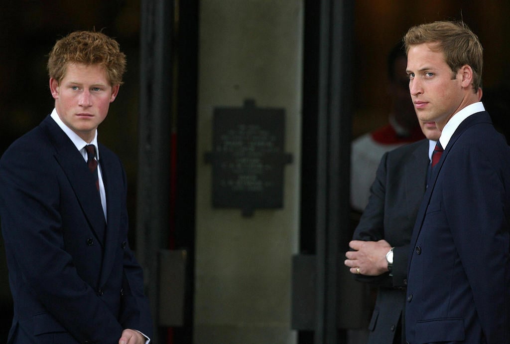 Britain's Prince Harry and Prince William wait to greet guests at the Service of Thanksgiving for the life of Diana, Princess of Wales, at the Guards' Chapel, in London, 31 August 2007.
