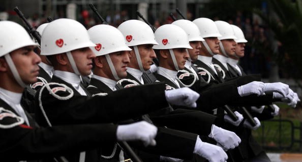 Turkish Army soldiers march during a military parade for the celebrations of the Republic Day in Istanbul.