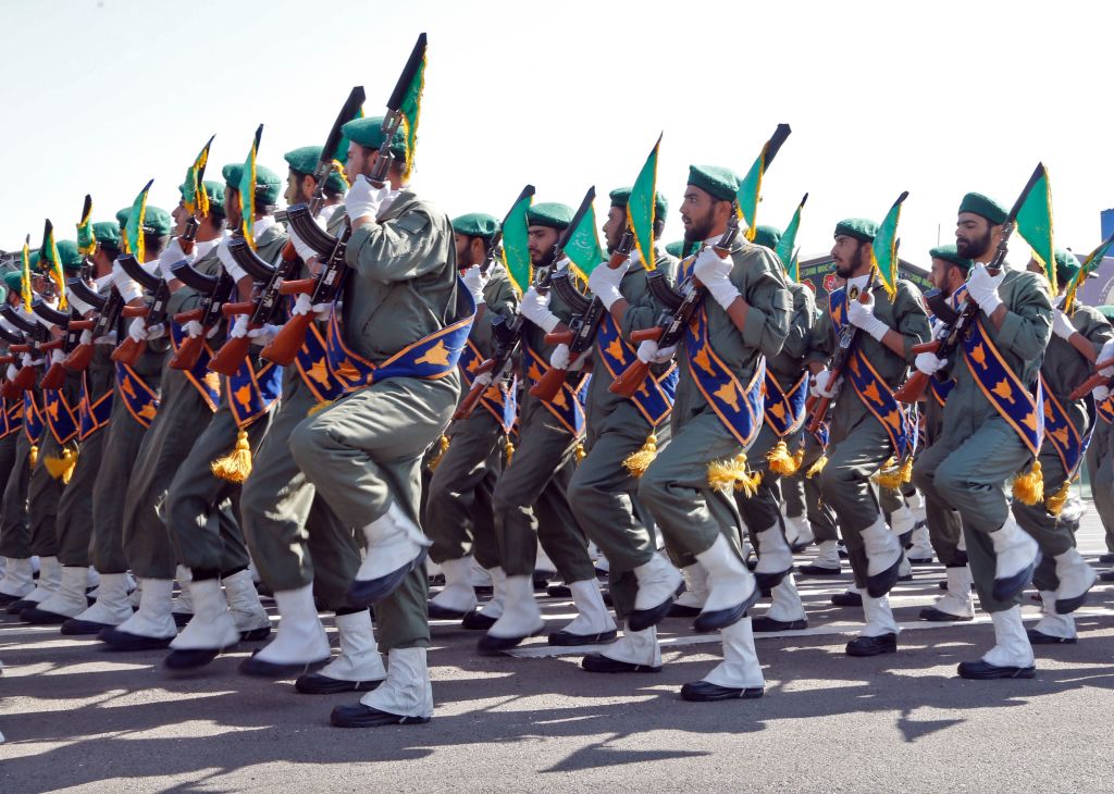 Iranian soldiers march during the annual military parade marking the anniversary of the outbreak of its devastating 1980-1988 war with Saddam Hussein's Iraq.