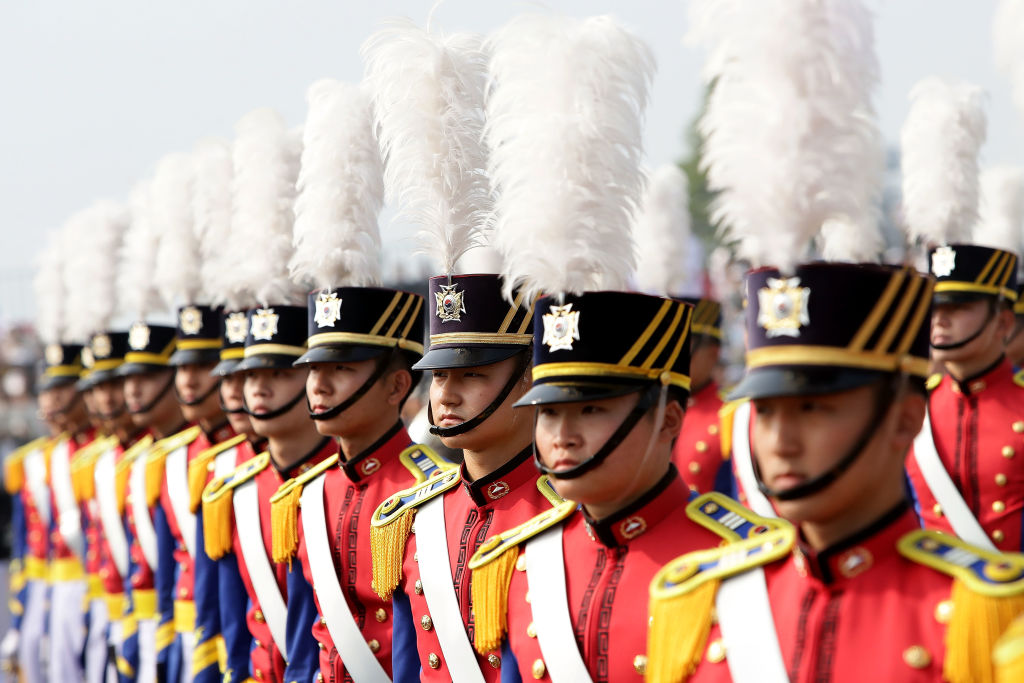 Korean soldiers stand at attention during the 69th South Korea Armed Forces Day