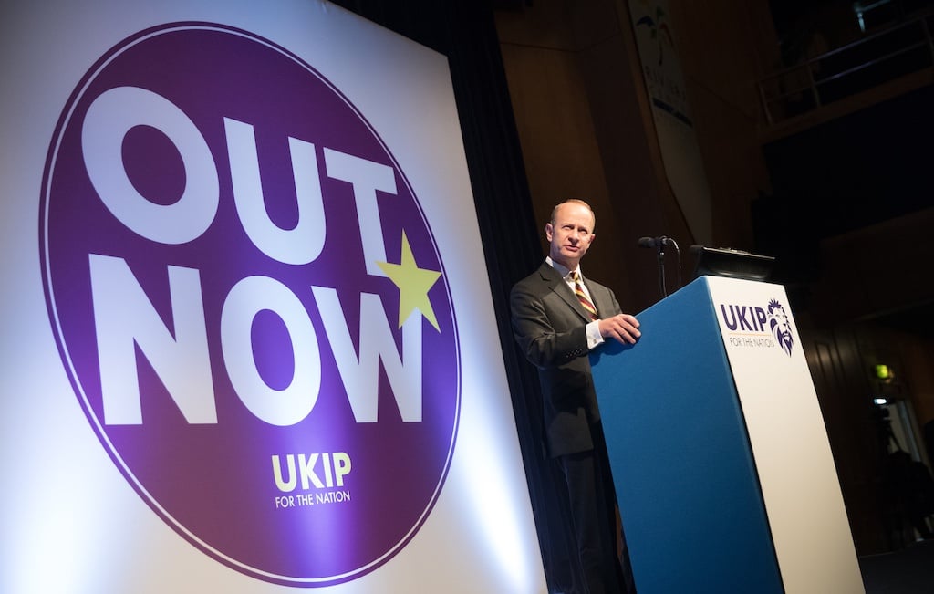 UKIP leader Henry Bolton makes his leader's speech at their autumn conference being held at the Riviera International Centre on September 30, 2017 in Torquay, England.