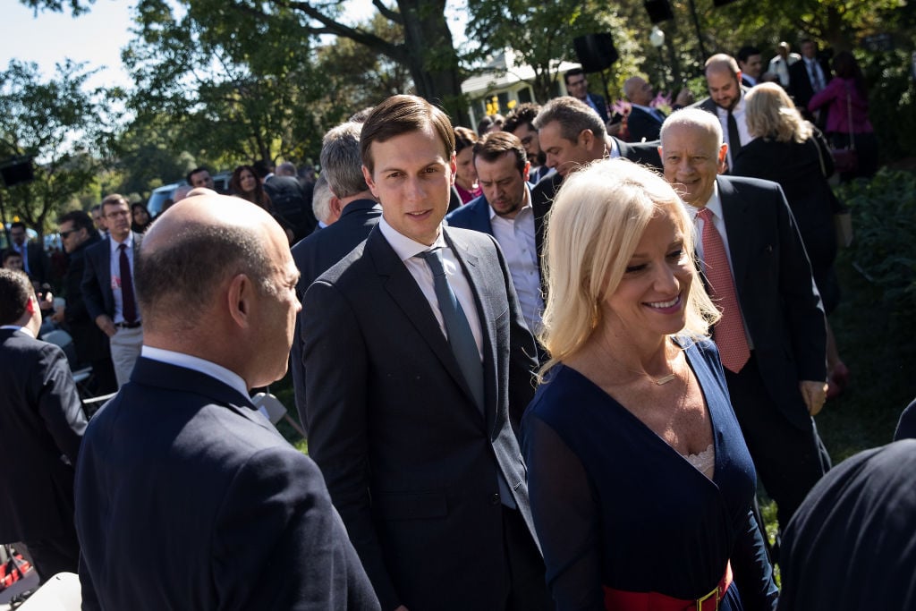 White House National Economic Council Director Gary Cohn, White House Senior Advisor to the President Jared Kushner, and Conway conway, kushner, and cohn walking