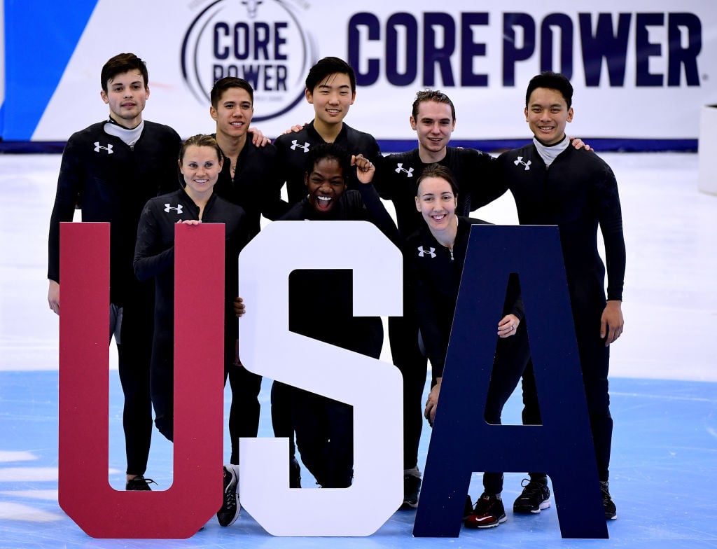Nominees to the Olympic team; John-Henry Krueger, Jessica Kooreman, J.R. Celski, Maame Biney, Thomas Insuk Hong, Lana Gehring, Ryan Pivirotto and Aaron Tran pose for a photo during the 2018 U.S. Speedskating Short Track Olympic Team Trials at the Utah Olympic Oval on December 17, 2017 in Salt Lake City, Utah.