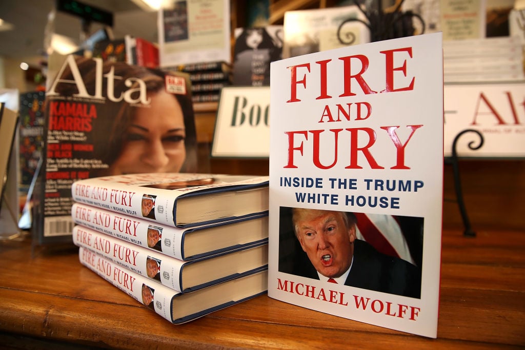 Copies of the book "Fire and Fury" by author Michael Wolff are displayed on a shelf at Book Passage on January 5, 2018 in Corte Madera, California.