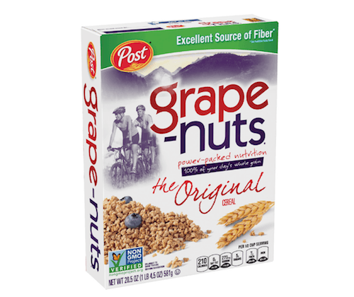 A box of Grape-Nuts cereal in front of a white background. A box of Grape-Nuts cereal in front of a white background.