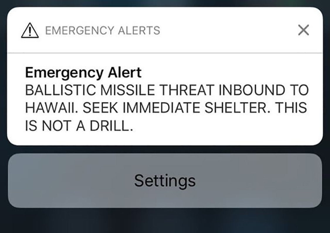 Screen shot of alert saying "ballistic missile threat"