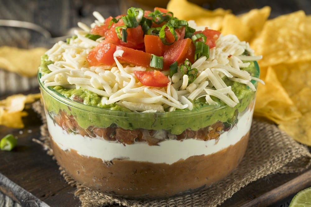 Layer Dip with Beans, Sour Cream and Guacamole