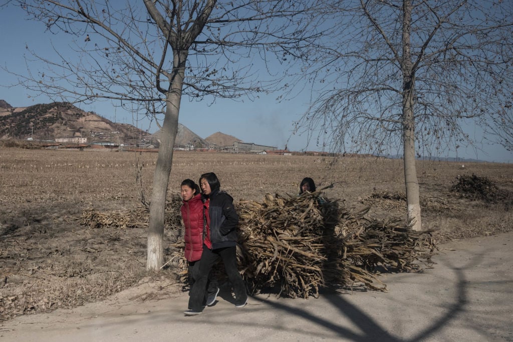 Children pull a cart loaded with wood along a road near Kiliju on North Korea's northeast coast