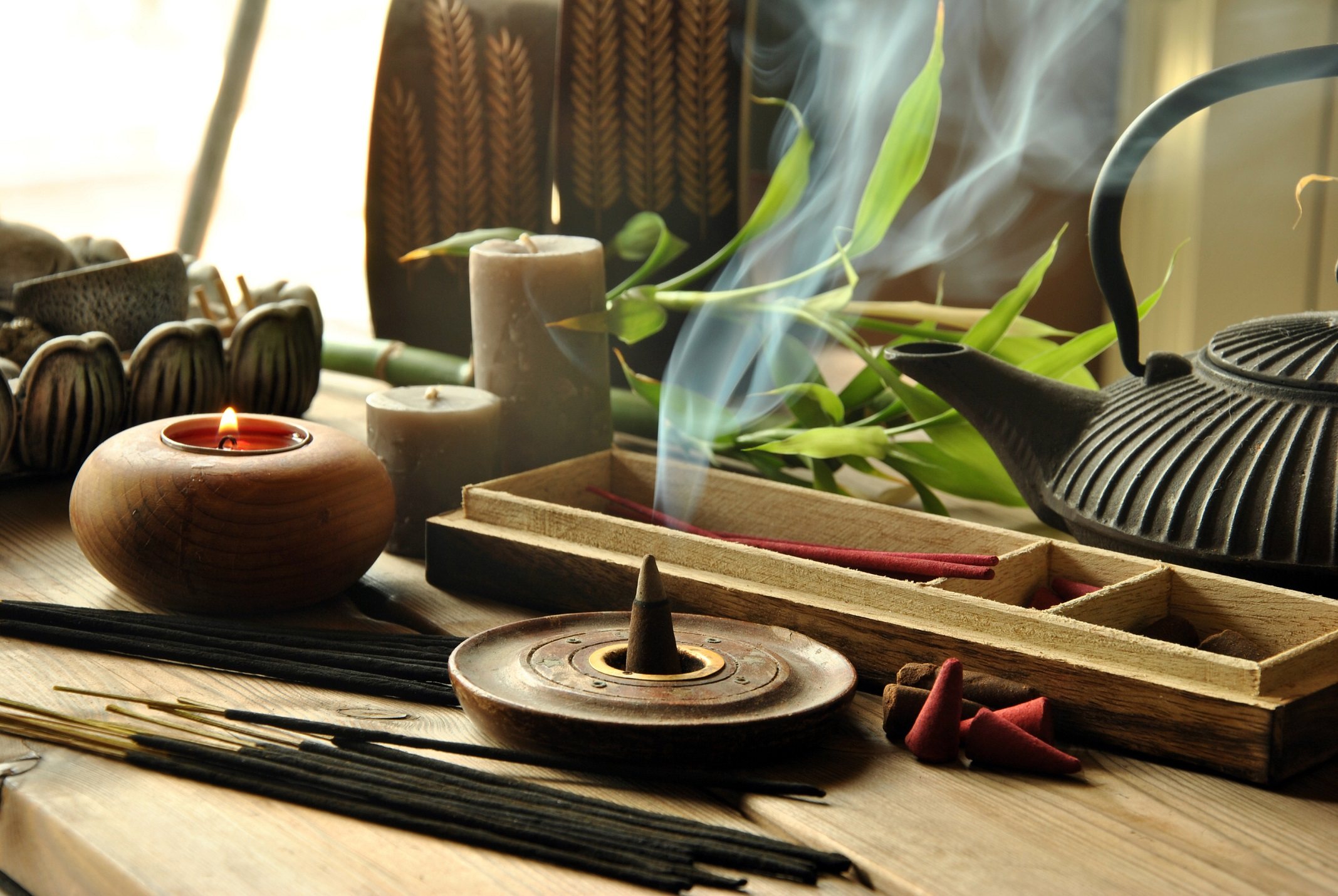 Close-up of assorted incense products representing Zen idea