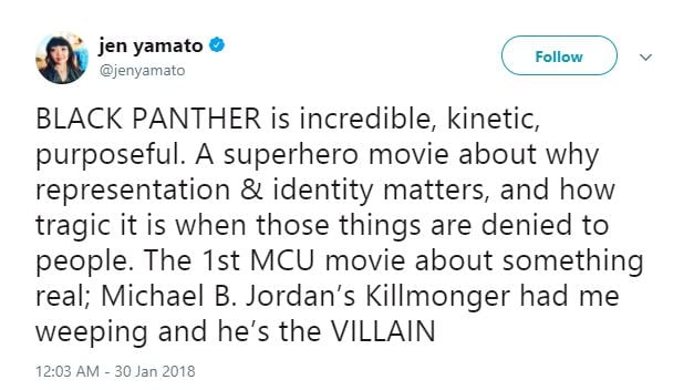 Jen Yamato thought highly of Michael B. Jordan as Killmonger.
