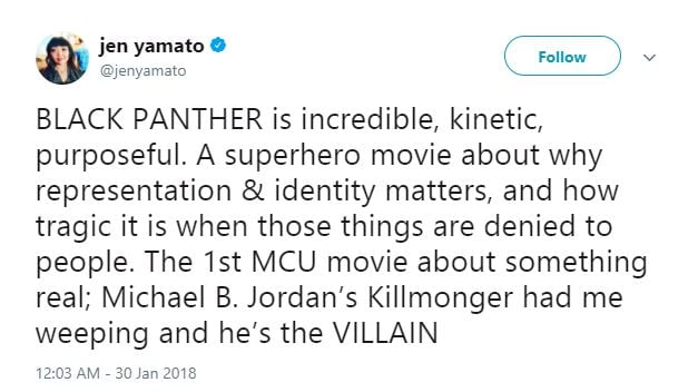 Jen Yamato thought highly of Michael B. Jordan as Killmonger. Jen Yamato thought highly of Michael B. Jordan as Killmonger.