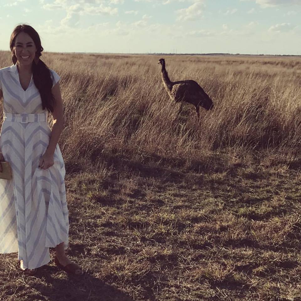 Joanna-Gaines with a large bird and long dress Joanna-Gaines with a large bird and long dress