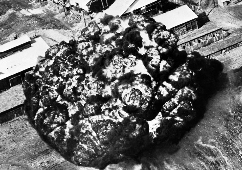A picture taken on May 18, 1951 during Korean War shows a napalm bomb launched by the UN Air Force on a North Korean factory