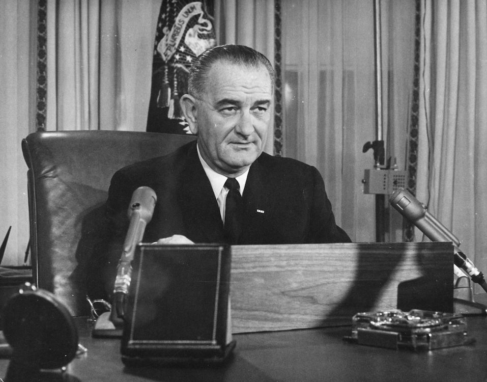 American President Lyndon Baines Johnson addresses the nation on his first thanksgiving day television programme