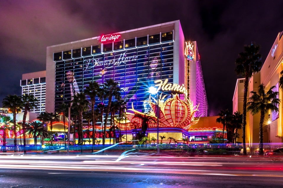 Las Vegas Strip and Flamingo Hotel Casino at night