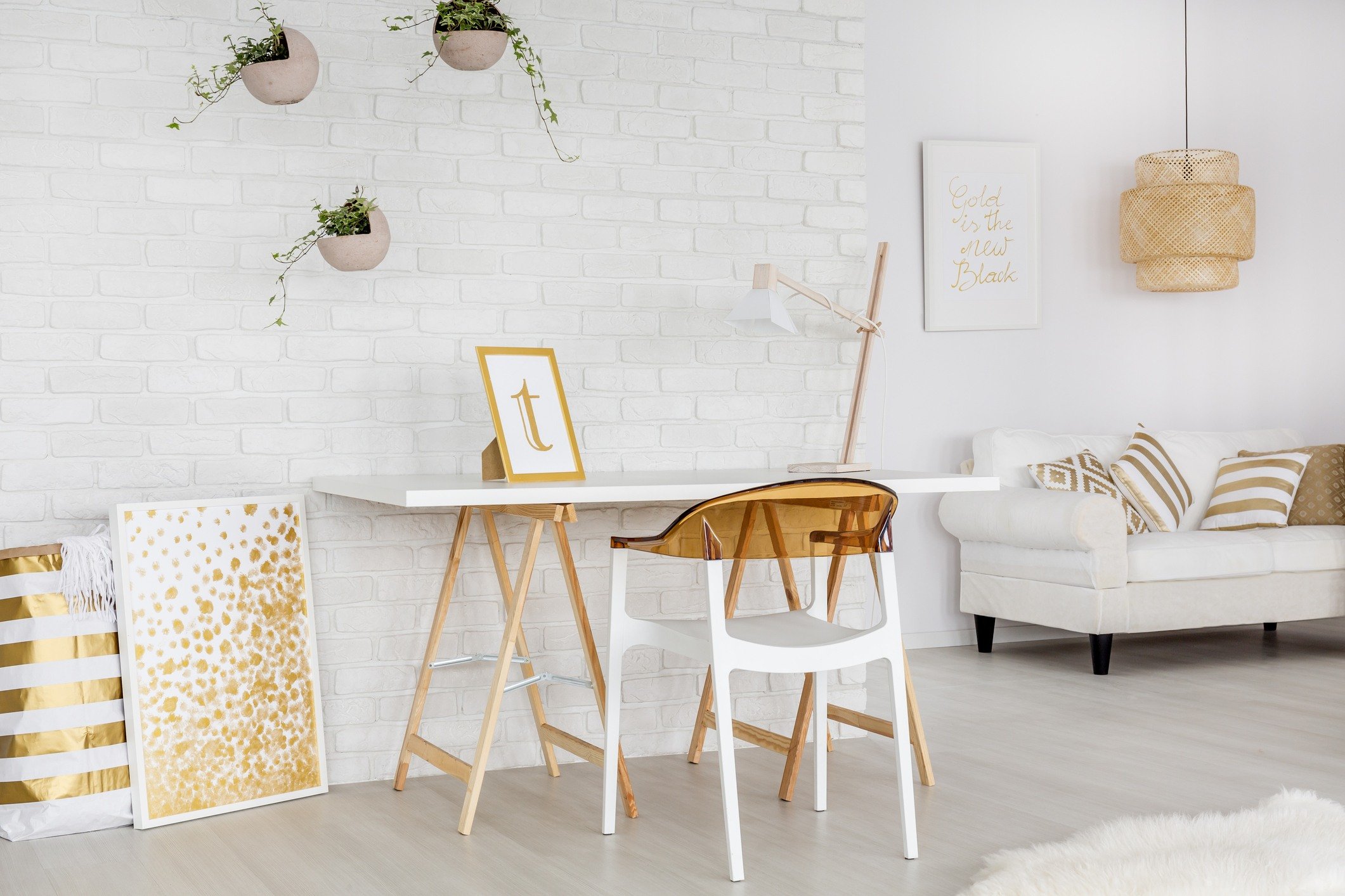 White and gold apartment desk and living room