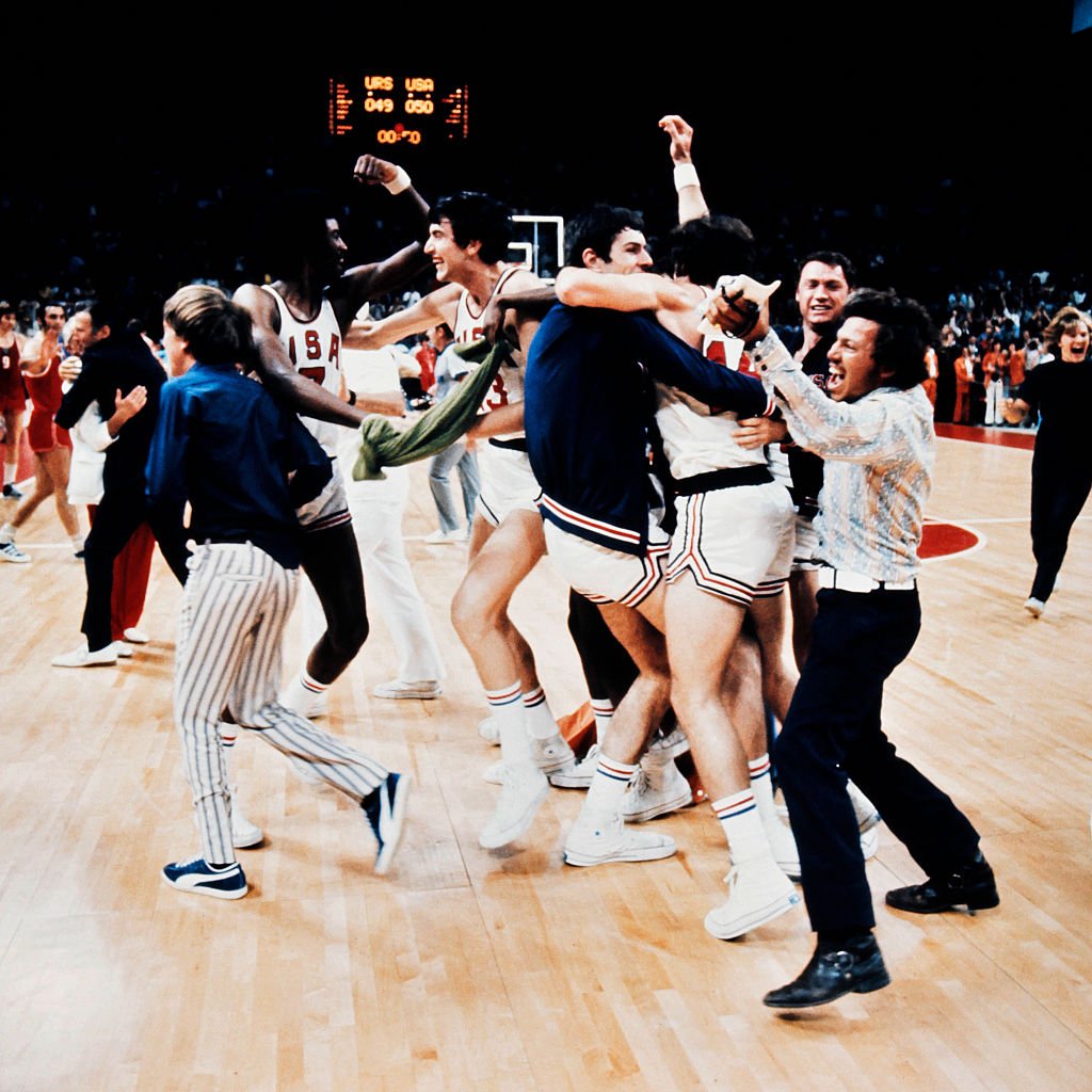 OLY-1972-BASKETBALL The US basketball players jubilate on September 09, 1972 for a short moment as they mistakenly celebrate what they thought was a victory