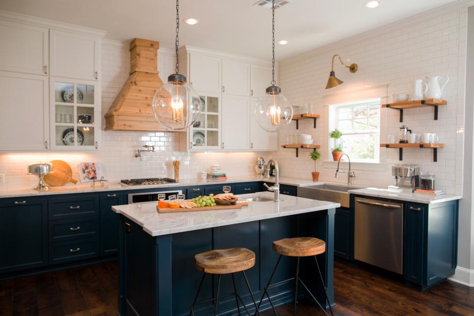 Ornate range hood on fixer upper kitchen