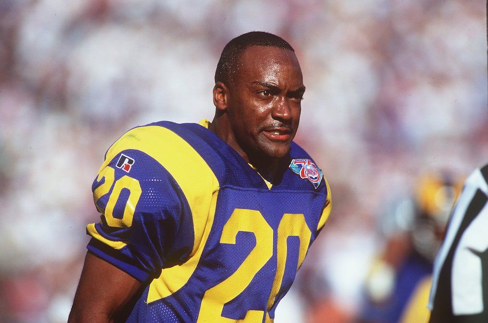 Defensive end Darryl Henley of the Los Angeles Rams scowls on the field