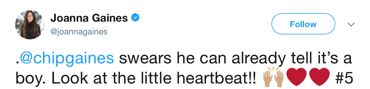 A screenshot of Joanna Gaines tweet about her pregnancy A screenshot of Joanna Gaines tweet about her pregnancy
