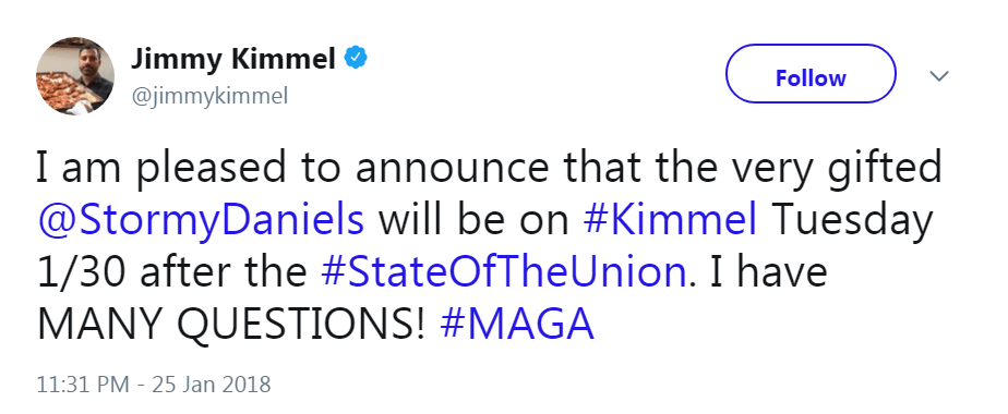 Stormy Daniels Jimmy Kimmel appearance tweet