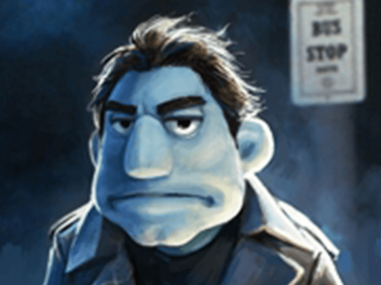 A blue character looks glum. A blue character looks glum.