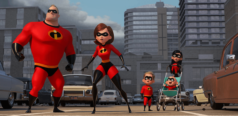 The 'Incredibles' looking upwards in shock at a villain. 