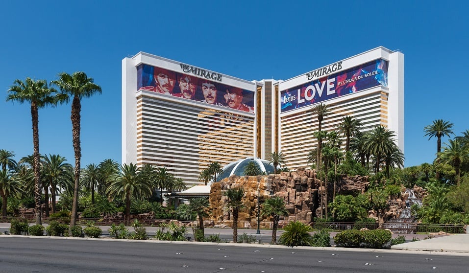 The Mirage Hotel on Las Vegas Boulevard on a clear summer morning