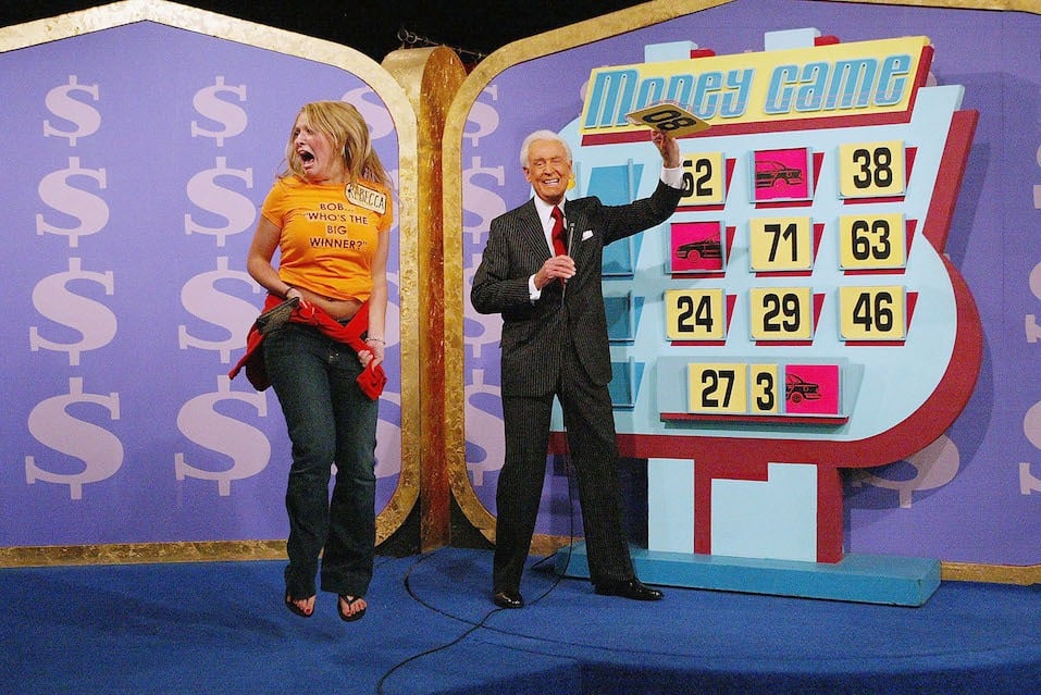 A contestant and host Bob Barker during "The Price Is Right" million dollar spectacular celebrating host Bob Barker's induction into the Academy of Television Arts and Sciences' Hall of Fame