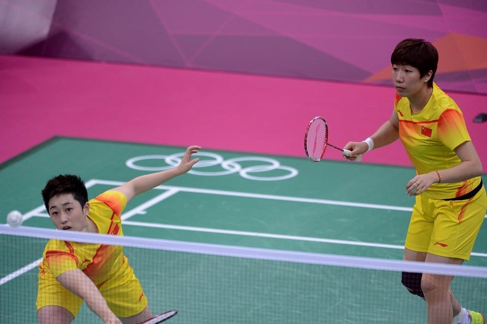 Yu Yang and her teammate Wang Xiaoli during their women's double badminton match against Kim Ha-Na and Jung Kyung-Eun of South Koreaat the London 2012 Olympic Games