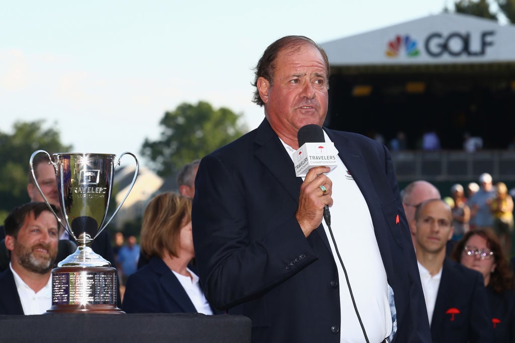 roadcaster Chris Berman of ESPN speaks during the trophy presentation