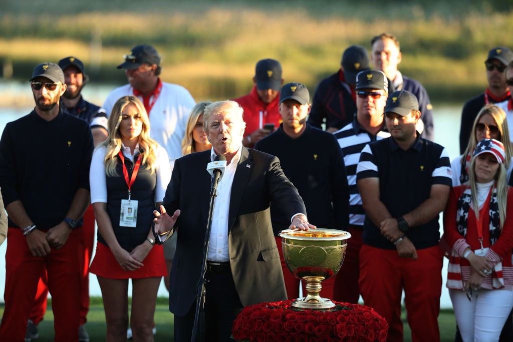The Presidents Cup Donald Trump giving trophy