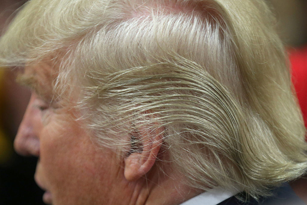 Detail of Republican presidential candidate Donald Trump's hair as he signs autographs after a campaign rally