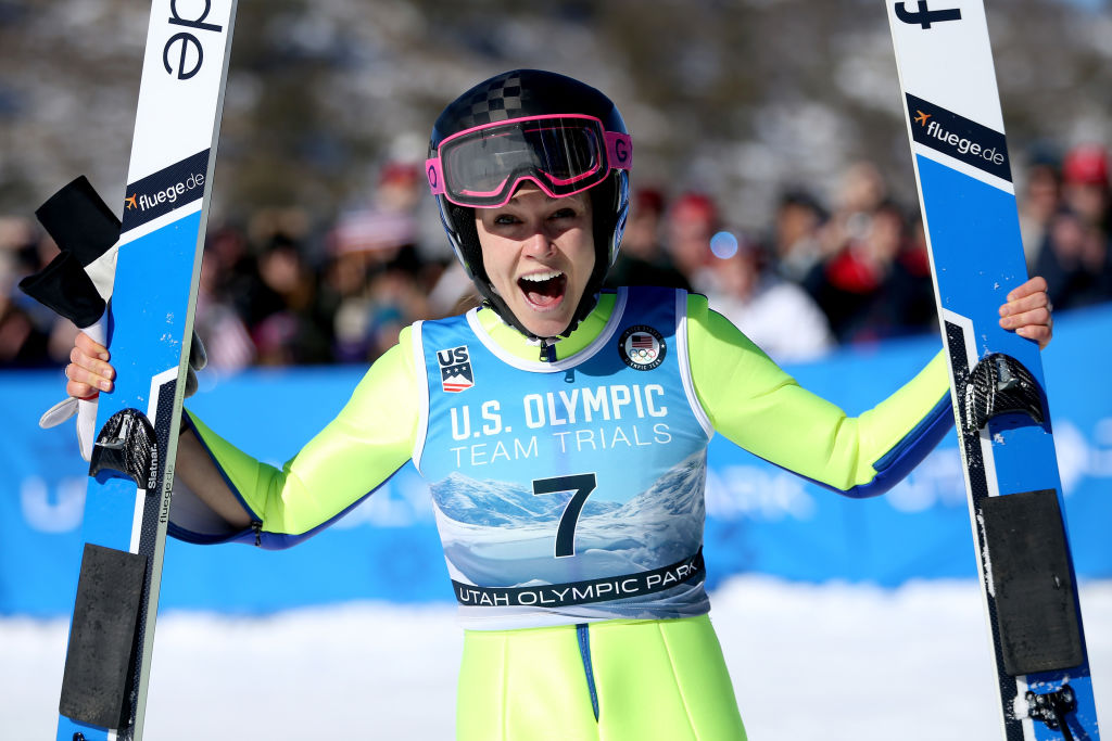 Sarah Hendrickson celebrates after winning the U.S. Womens Ski Jumping Olympic Trials
