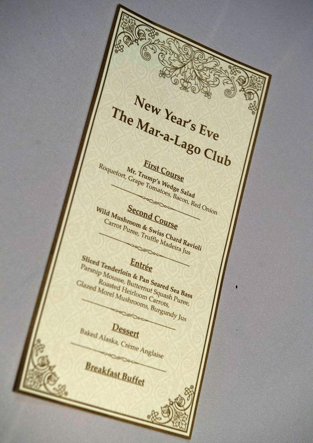 The menu for US President-elect Donald Trumo's New Year's Eve party at the Mar-a-Lago Club