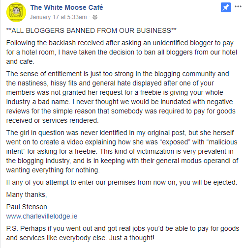 White Moose Cafe Blogger ban