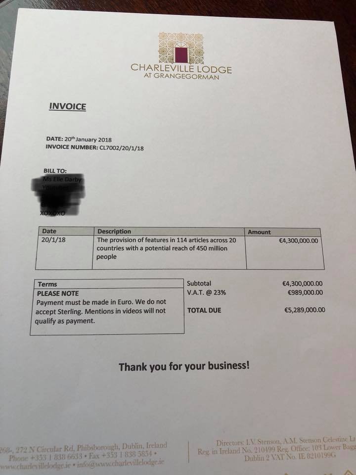 White Moose Cafe Blogger invoice