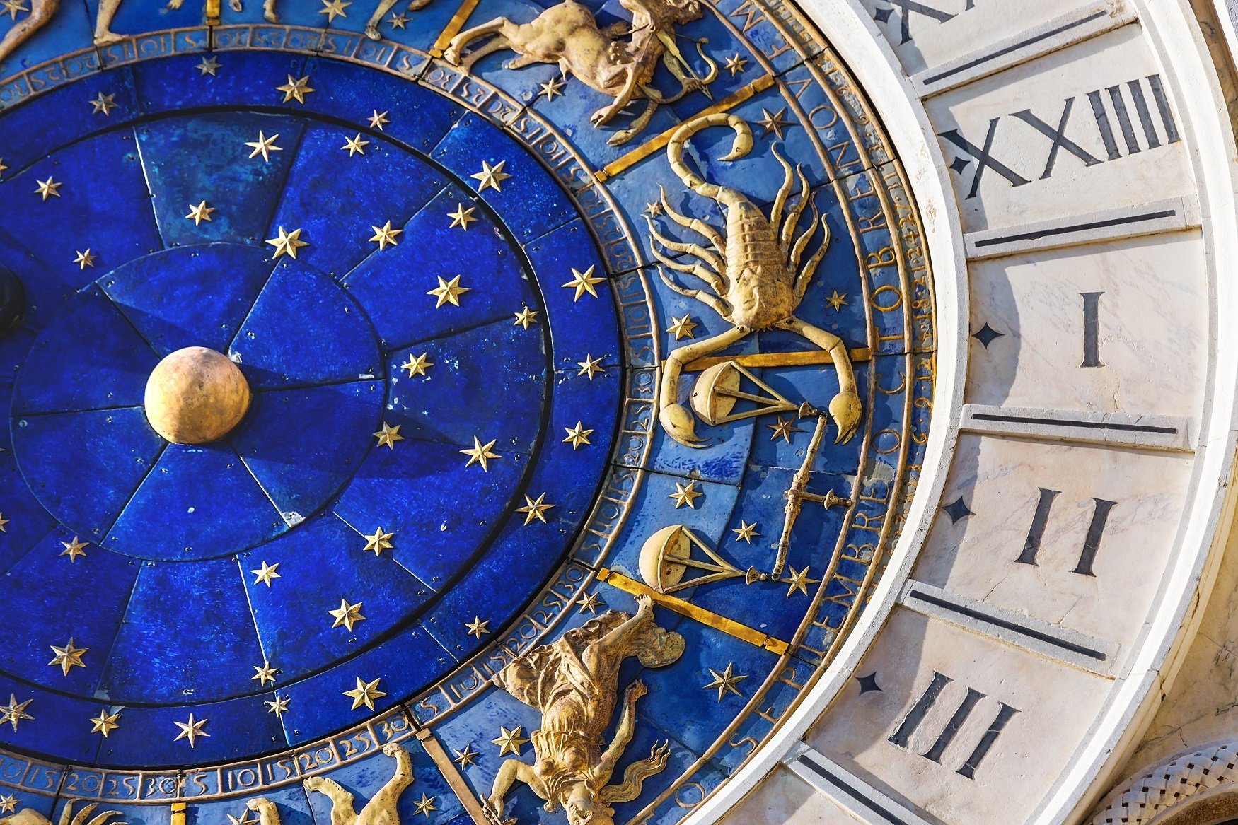 Zodiac signs on clock in Venice Italy