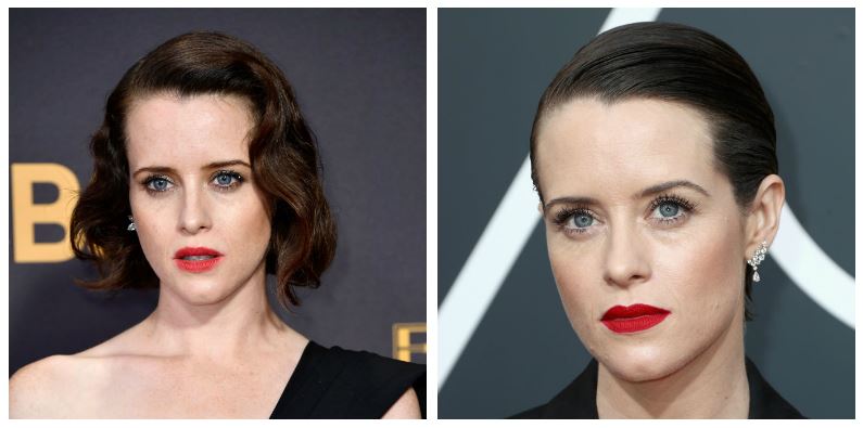 A composite image of Claire Foy showing drastic hair changes