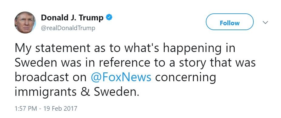 Donald Trump tweet about Sweden Donald Trump tweet about Sweden