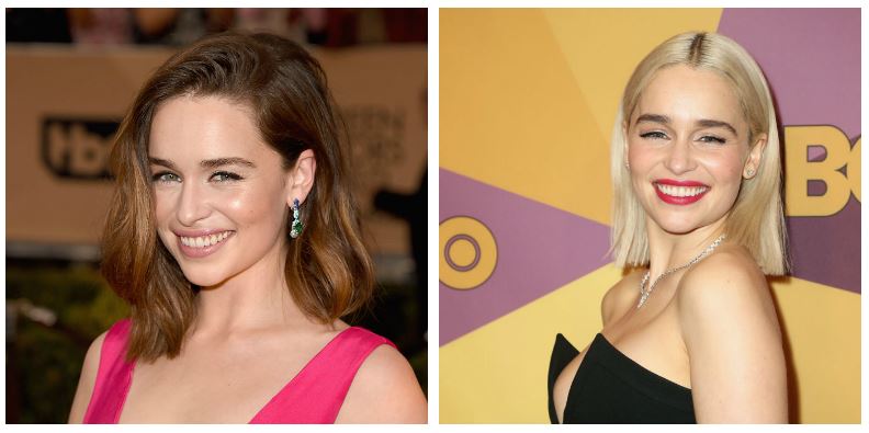 A composite image of Emilia Clarke showing drastic hair changes
