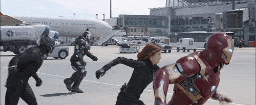 Black Panther, War Machine, Black Widow and Iron Man in Captain America: Civil War