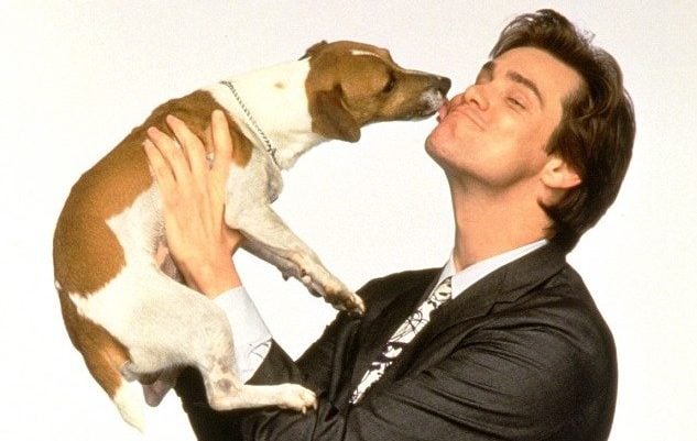Jim Carrey holding the dog from his movie, The Mask Jim Carrey holding the dog from his movie, The Mask