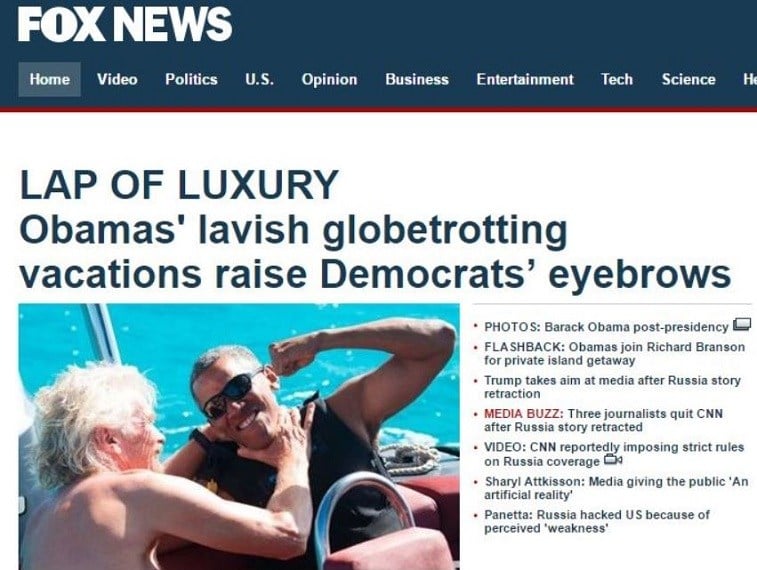 The Fox News homepage on June 27, 2017, focused on Obama's "luxury" vacation