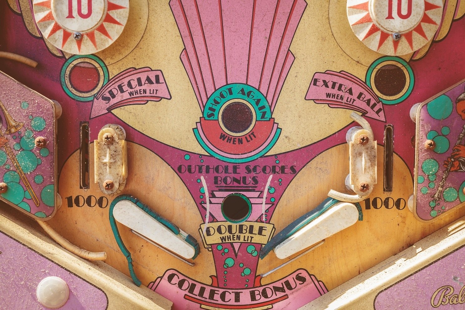 Close up of a weathered vintage pinball machine