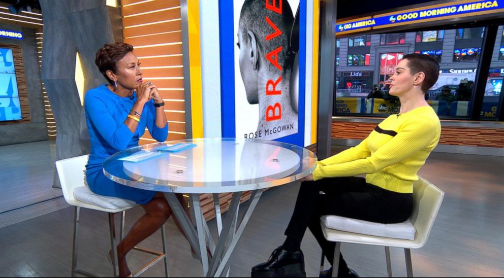 Rose McGowan sits across the table from Robin Roberts Rose McGowan sits across the table from Robin Roberts