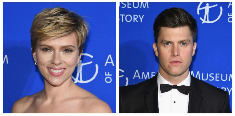 A composite image of Scarlett Johansson and Colin Jost