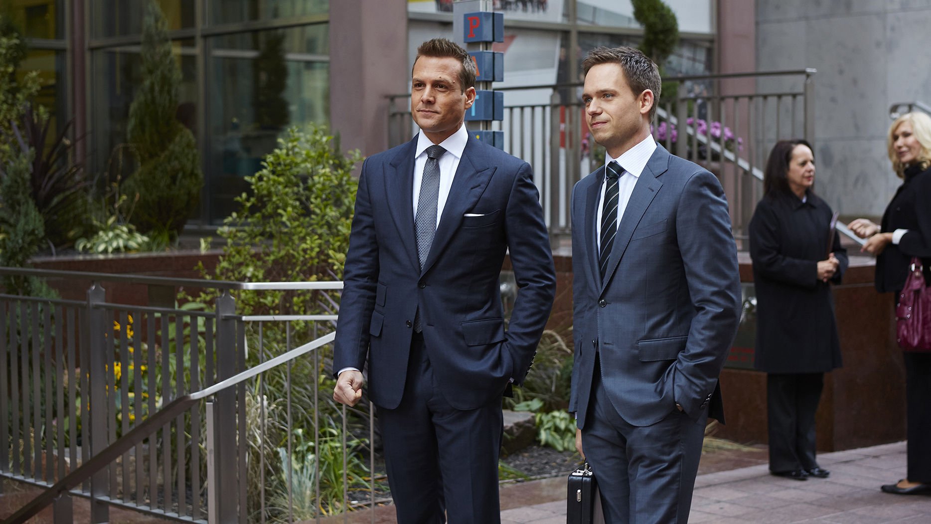 SUITS -- "Derailed" Episode 414 -- Pictured: (l-r) Gabriel Macht as Harvey Specter, Patrick J. Adams as Michael Ross -- (Photo by: Shane Mahood/USA Network) SUITS -- "Derailed" Episode 414 -- Pictured: (l-r) Gabriel Macht as Harvey Specter, Patrick J. Adams as Michael Ross -- (Photo by: Shane Mahood/USA Network)
