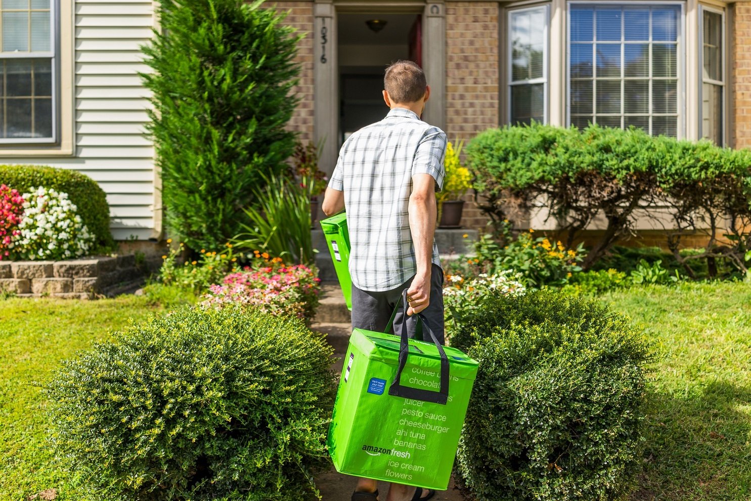 Amazon Fresh insulated grocery delivery bags totes on front home house porch closeup with man carrying