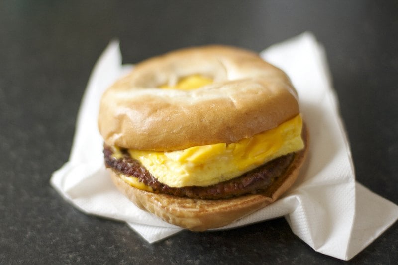 Bagel breakfast sandwich with sausage, egg, and cheese Bagel breakfast sandwich with sausage, egg, and cheese